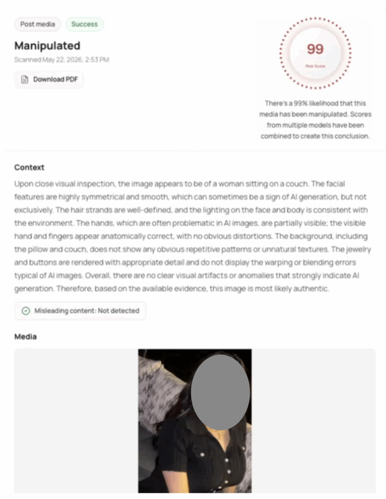 Example of a Guardian Agent deepfake detection certificate